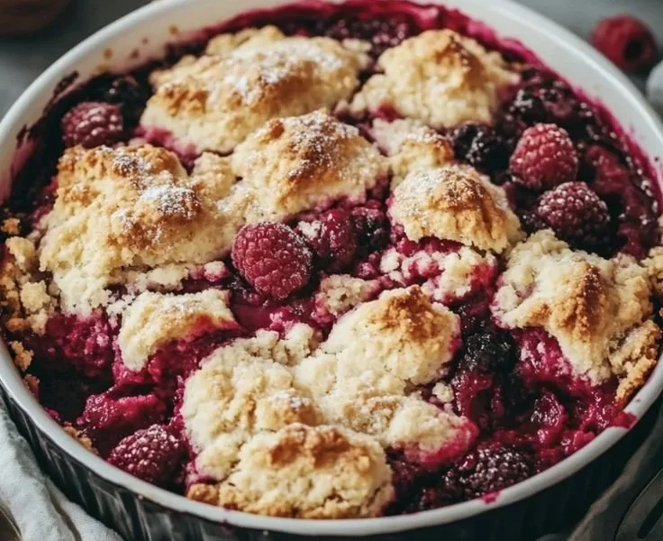 Schwarze Himbeer-Cobbler im Ofen gebacken, serviert mit Sahne