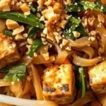 Veganes Tofu Pad Thai mit frischem Gemüse und Erdnüssen in einer würzigen Sauce