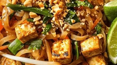 Veganes Tofu Pad Thai mit frischem Gemüse und Erdnüssen in einer würzigen Sauce