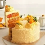 Veganer Mango-Kokosnusskuchen auf einem Teller, dekoriert mit Mangostückchen.