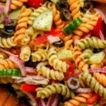 Ein Teller mit veganem Pasta-Salat, bunte Zutaten, frisch und gesund.