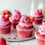 Vegane Erdbeermuffins auf einem weißen Teller, dekoriert mit frischen Erdbeeren.