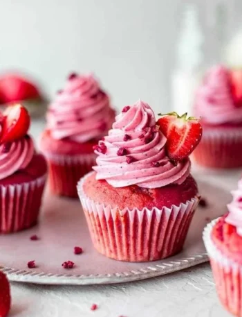 Vegane Erdbeermuffins auf einem weißen Teller, dekoriert mit frischen Erdbeeren.
