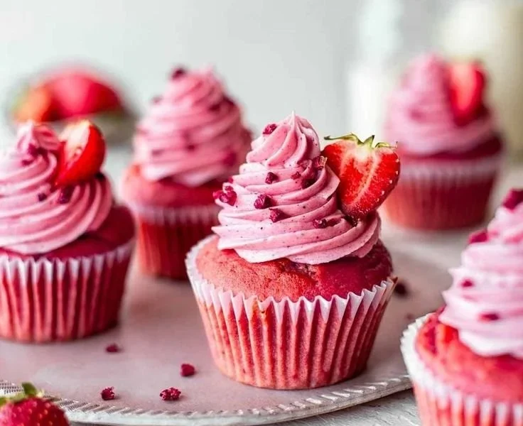 Vegane Erdbeermuffins auf einem weißen Teller, dekoriert mit frischen Erdbeeren.