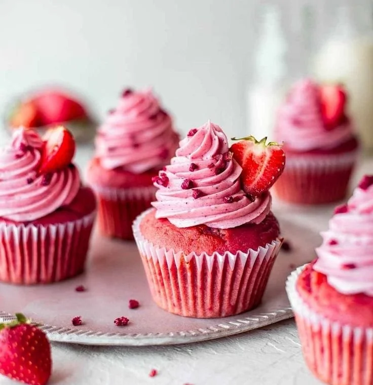 Vegane Erdbeermuffins auf einem weißen Teller, dekoriert mit frischen Erdbeeren.