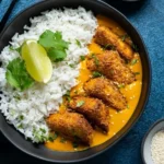 Veganes Katsu-Curry mit Gemüse und Reis auf einem Teller angerichtet