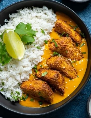Veganes Katsu-Curry mit Gemüse und Reis auf einem Teller angerichtet