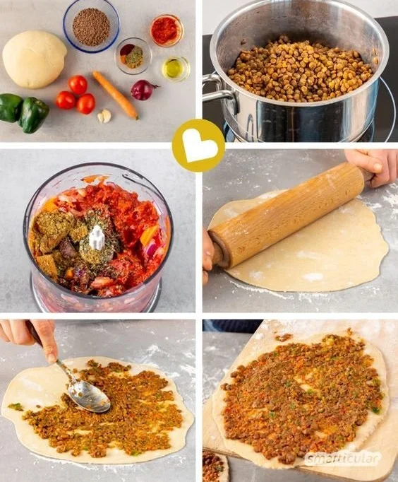 Vegane Lahmacun mit frischem Gemüse und gewürzten Kräutern