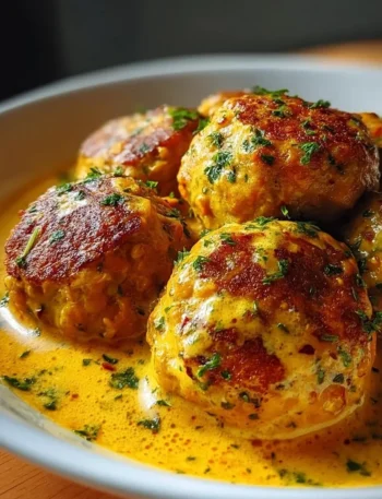 Vegane Linsenknödel in Curry-Sauce auf einem Teller serviert