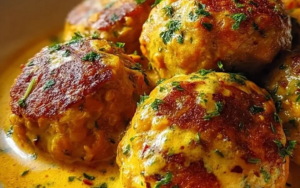 Vegane Linsenknödel in Curry-Sauce auf einem Teller serviert