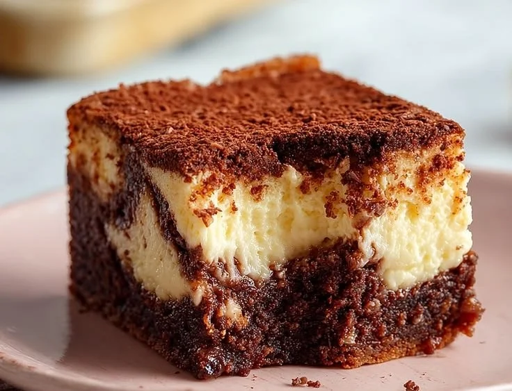 Vegane Tiramisu Käsekuchen Brownies auf einem Teller angerichtet