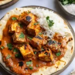 Veganes Tofu Tikka Masala Gericht auf einem Teller angerichtet