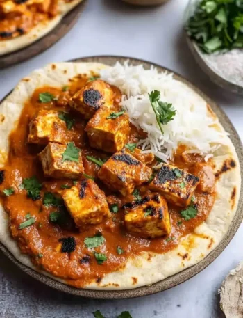 Veganes Tofu Tikka Masala Gericht auf einem Teller angerichtet