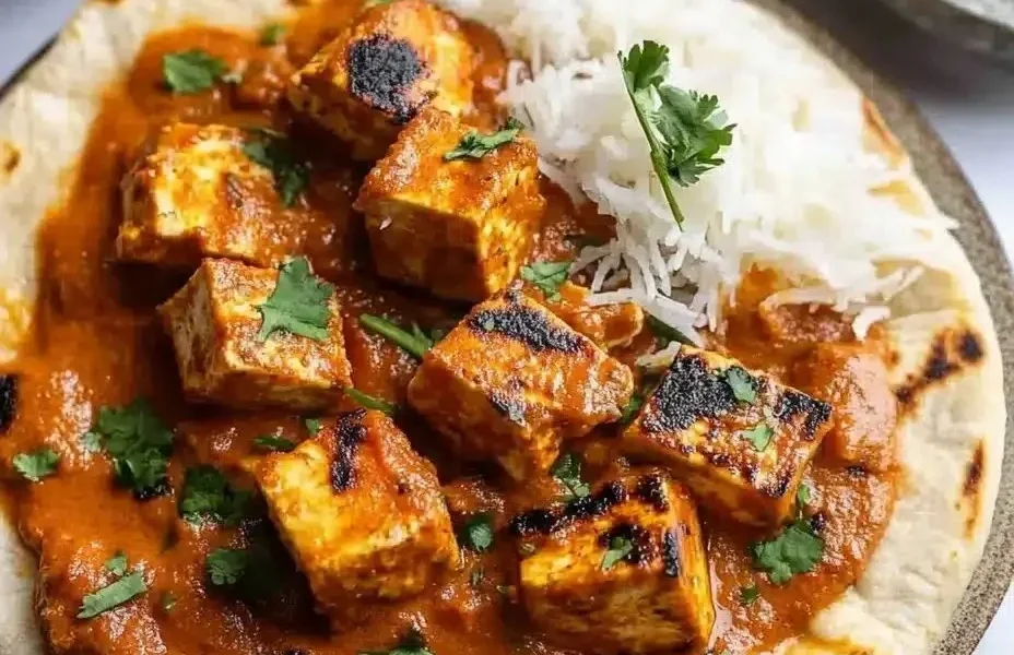 Veganes Tofu Tikka Masala Gericht auf einem Teller angerichtet