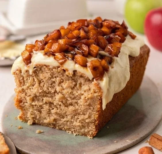 Veganer Apfelbrot mit Äpfeln und Nüssen auf einem rustikalen Holzbrett