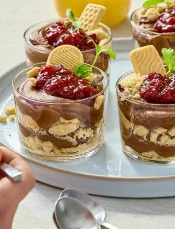 Veganes Glasdessert mit Schokoladencreme, Vanillekeksen und roter Grütze