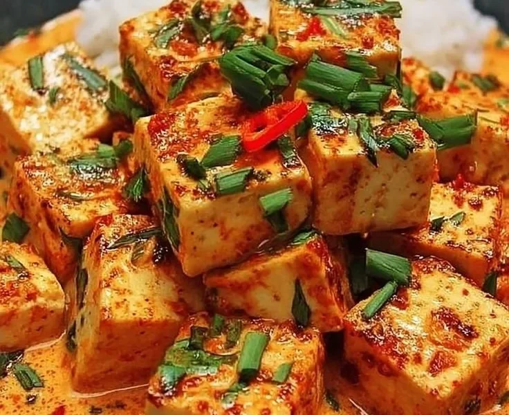 Würziger Tofu mit Kokossauce auf dem Teller angerichtet