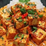 Würziger Tofu mit Kokossauce auf einem weißen Teller