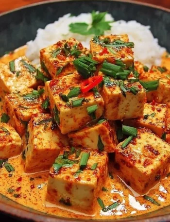 Würziger Tofu mit Kokossauce auf einem weißen Teller