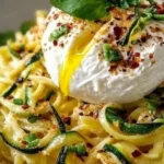 Zitronen-Zucchini-Pasta mit Burrata auf einem Teller serviert.