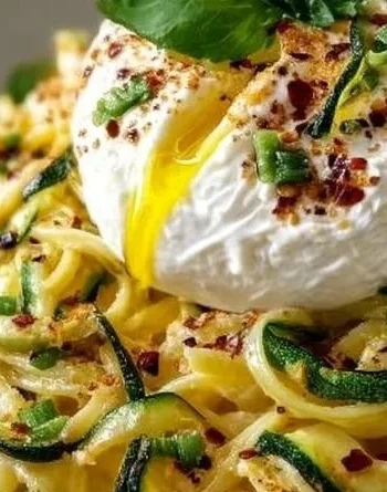 Zitronen-Zucchini-Pasta mit Burrata auf einem Teller serviert.