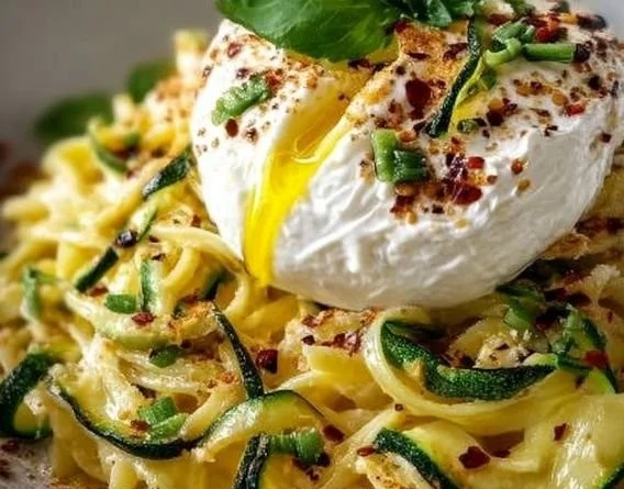 Zitronen-Zucchini-Pasta mit Burrata auf einem Teller serviert.