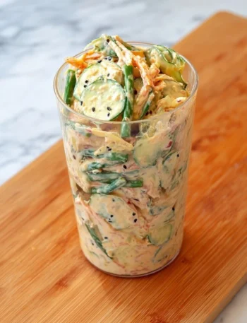 Cremiger asiatischer Gurkensalat in einer Schüssel mit frischen Zutaten