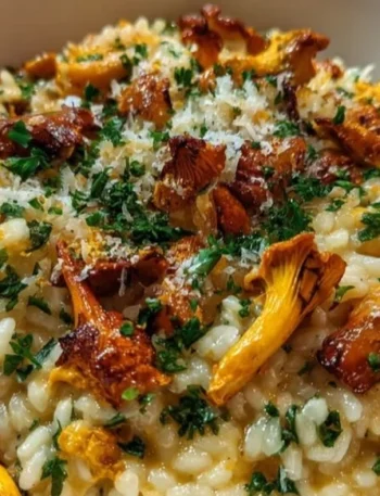 Schüssel mit cremiger Pfifferlingsuppe, garniert mit frischen Kräutern