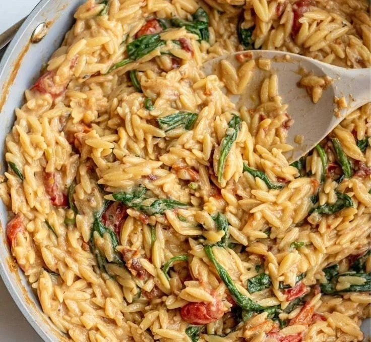 Cremige Tomaten-Orzo mit knusprigen Tofu-Panels auf einem Teller