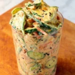 Cremiger asiatischer Gurkensalat auf einem Teller, perfekt für Sommergerichte