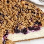 Cremiger Käsekuchen mit Heidelbeeren auf einem weißen Teller