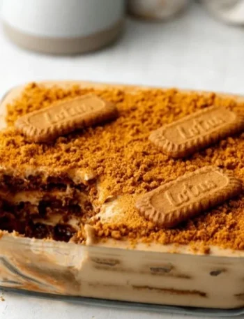 Veganes Biscoff Tiramisu auf einem Teller serviert