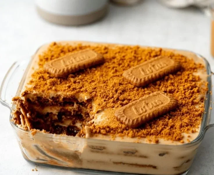 Veganes Biscoff Tiramisu auf einem Teller serviert