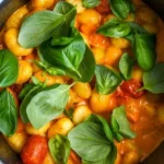 Einfache cremige Gnocchi serviert auf einem Teller mit frischen Kräutern.