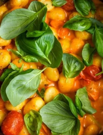 Einfache cremige Gnocchi serviert auf einem Teller mit frischen Kräutern.