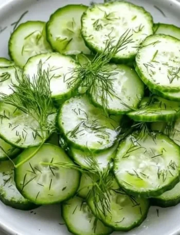 Cremiger Gurken-Dill-Salat in einer Schüssel mit frischen Kräutern