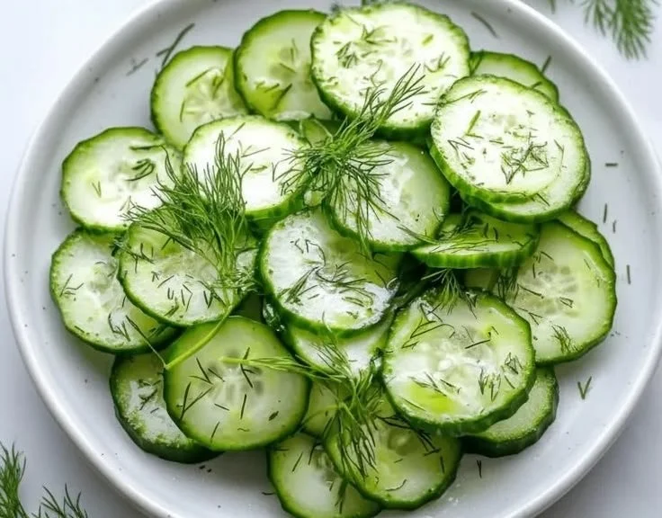 Cremiger Gurken-Dill-Salat in einer Schüssel mit frischen Kräutern