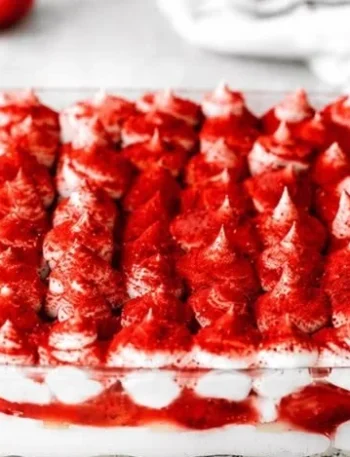Veganes Erdbeere-Tiramisu auf einem Teller mit Erdbeeren dekoriert