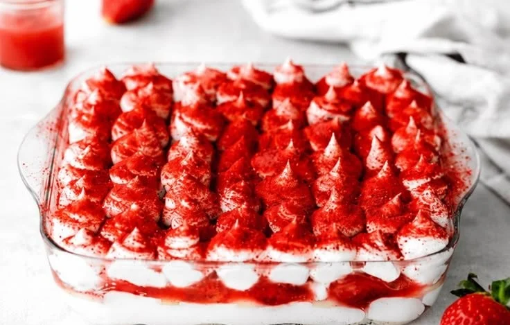 Veganes Erdbeere-Tiramisu auf einem Teller mit Erdbeeren dekoriert