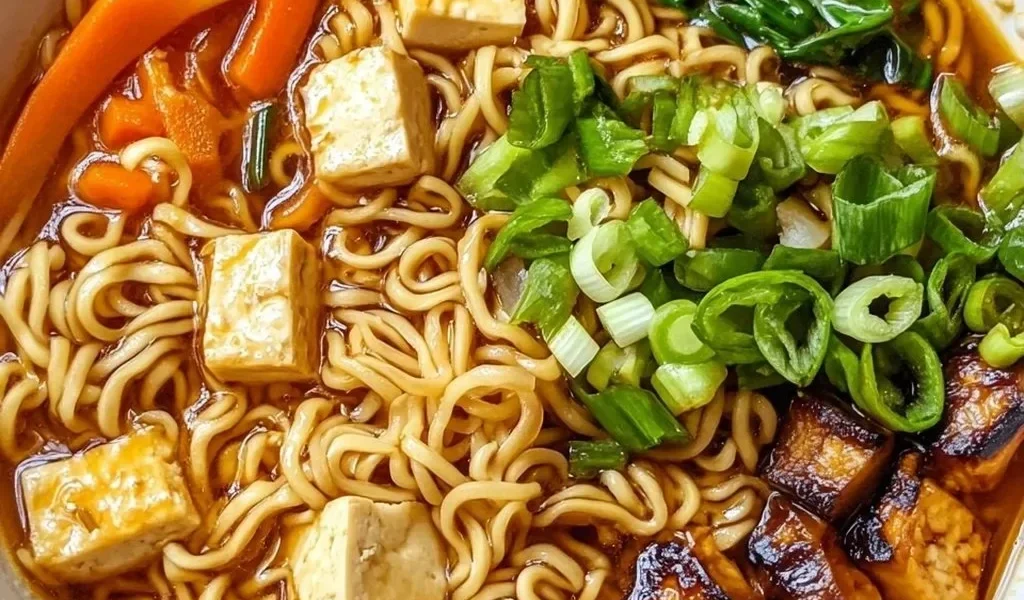 Einfache vegane Ramen-Nudeln mit einer köstlichen Sauce serviert in einer Schüssel.