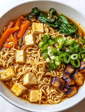 Einfache vegane Ramen-Nudeln mit einer köstlichen Sauce serviert in einer Schüssel.