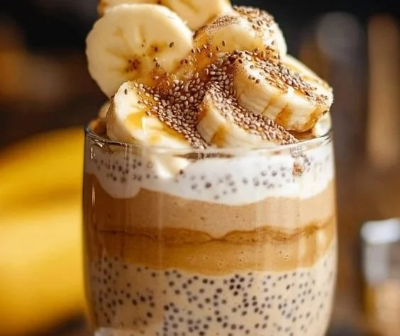 Erdnussbutter-Bananen-Chia-Pudding in einer Schüssel mit frischen Bananen und Chia-Samen