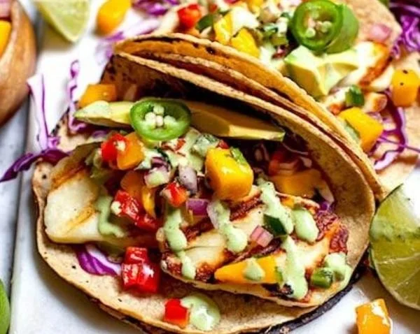 Gegrillte Halloumi-Tacos mit Mango-Salsa auf einem Teller