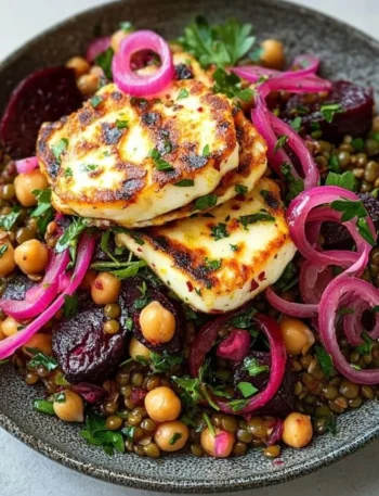 Gegrillter Halloumi mit Linsen und Roter Beete auf einem Teller