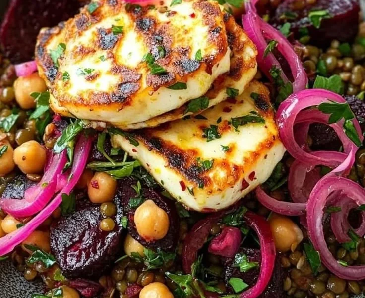 Gegrillter Halloumi mit Linsen und Roter Beete auf einem Teller