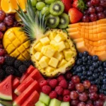 Vielseitige und gesunde Obstplatte mit frischen Früchten für einfache Rezeptideen