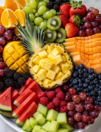 Vielseitige und gesunde Obstplatte mit frischen Früchten für einfache Rezeptideen