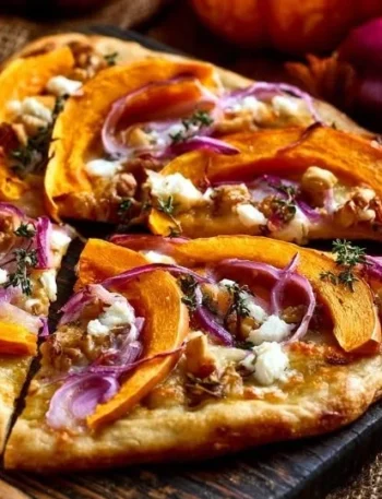 Gesunder Kürbis-Flammkuchen mit Feta auf einem Holzbrett serviert