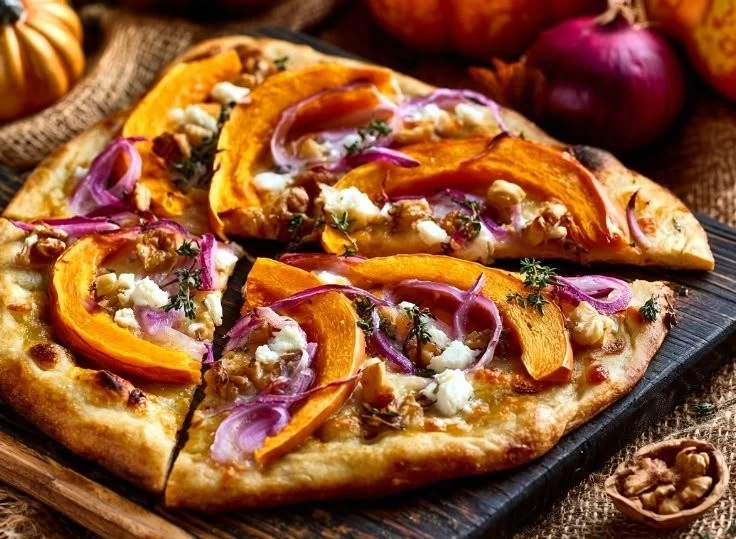 Gesunder Kürbis-Flammkuchen mit Feta auf einem Holzbrett serviert