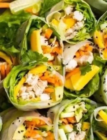 Hähnchen Avocado & Mango Sommerrollen auf einem Teller